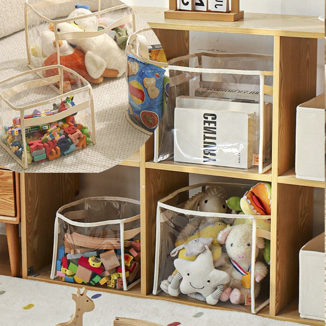 LEOQ 투명 수납함 장난감 인형 바구니 정리함, 2개, 원형+아이보리