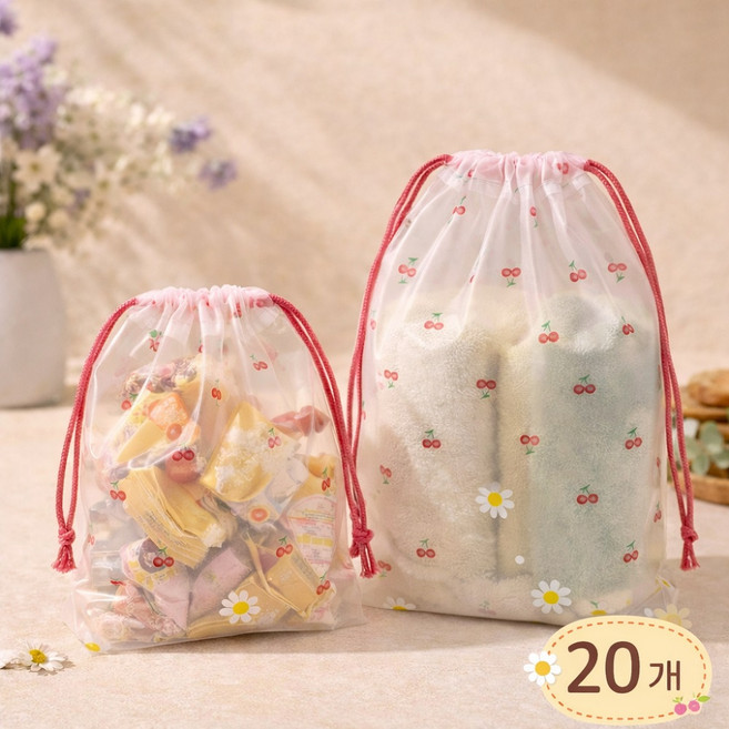 맘띵마켓 복조리 스트링백 구디백 유치원 어린이집 간식 선물포장 파우치, 20개, 체리 M (20x30cm)