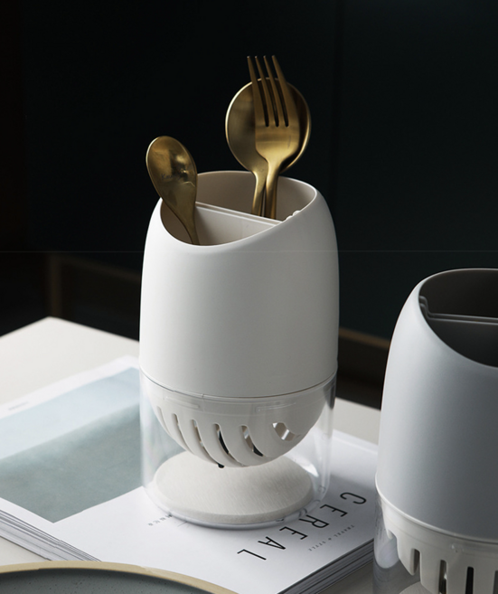 아모두모아 물빠짐 규조토 2칸 수저통 수저정리함, 1개, 퓨어화이트