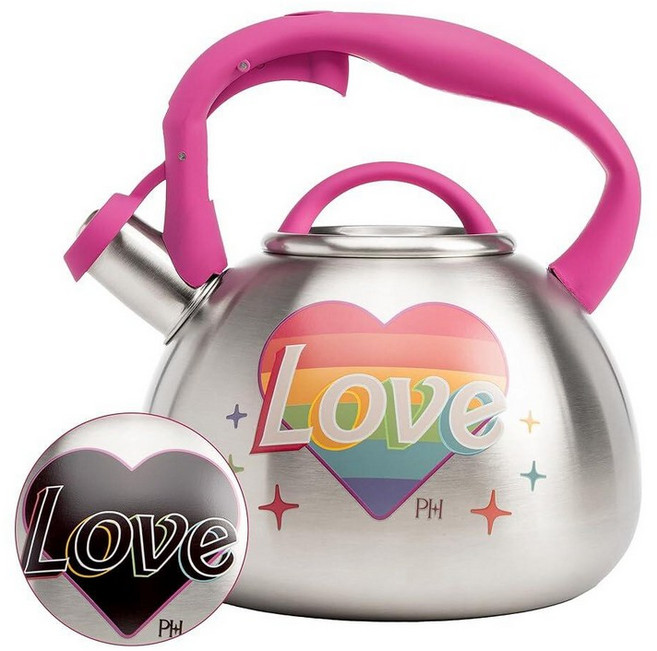 Paris Hilton Whistling 스토브탑 차 주전자 색상 변경 \"That's Hot\" 열 표시기 디자인 부드러운 터치 핸들 2.4L(2.5쿼트) 핑크, Love Rainbow