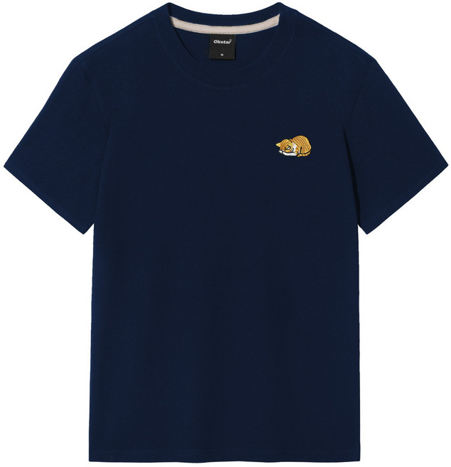 옥스타 남녀공용 통기성 졸린 치즈냥 자수 반팔 티셔츠 OTS026