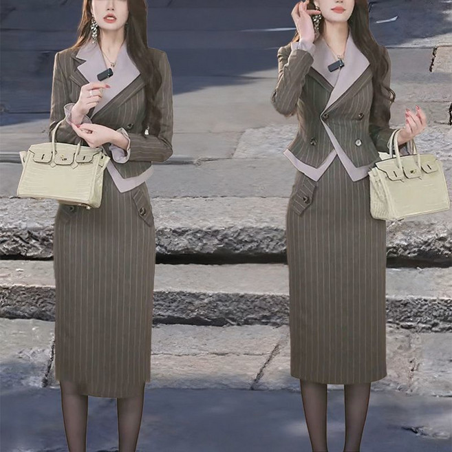 프렌치 여성 봄 가을 하이웨스트 정장 스커트 투피스 정장 재킷+스커트 하객룩 오피스룩 세트 ZZQ
