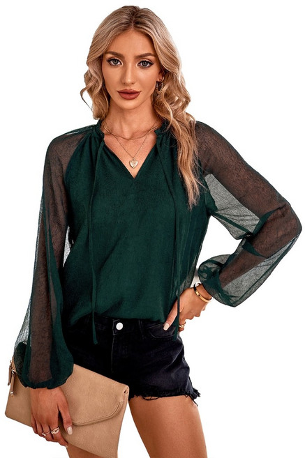 여성 주름 둥이 V- 넥 시폰 블라우스 퍼프 긴 소매 드로우 스트링 단색 캐주얼 셔츠 풀오버 탑을 통해보세요