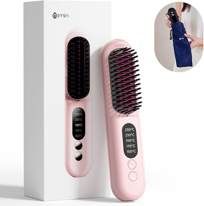 nimin 빗 고데기 무선 헤어 스타일러 매직기 충전식, 핑크
