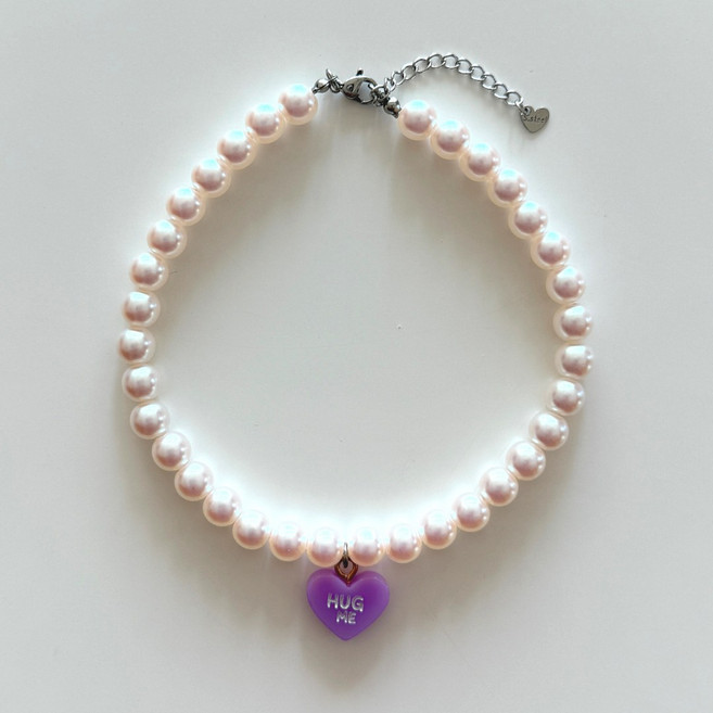 강아지 고양이 진주목걸이 반려견 애완견 목걸이 줄 하트목걸이, 1개, 퍼플