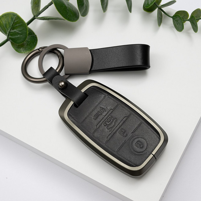 기아 모닝 레이 K3 쏘렌토 스포티지 카니발 호환 나노스트랩 천연소가죽 유심케이스 스마트 키 키링 키홀더, 4버튼(U17_KH12), 다크블랙