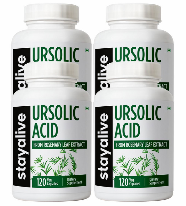 Stayalive 남성 및 여성용 우르솔산 보충제 300mg 로즈마리 잎 추출물 분말 비-GMO 및 글루텐 프리 순수 우르솔산 캡슐, 4개