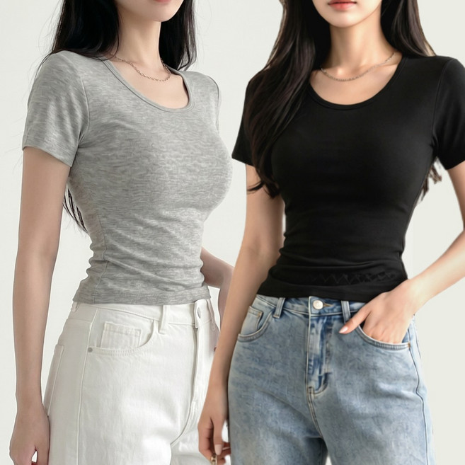 셀리나에스 허리라인 여성반팔티 슬림핏 스판 국내제작