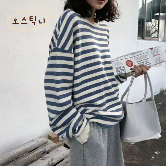 오스틱니 2026 초특가 여성용 봄가을 스트라이프 루즈핏 데일리룩 라운드 긴팔 티셔츠