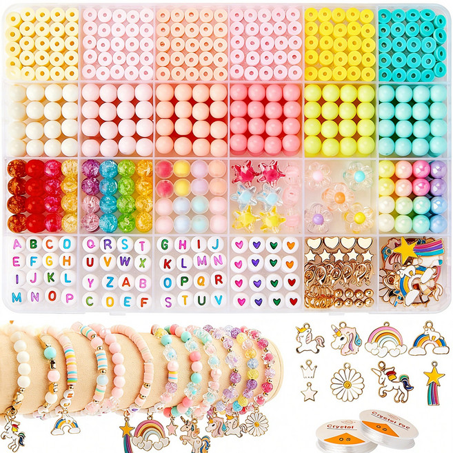 Flyaiku 유니콘 비즈 팔찌 만들기 DIY 키트 공예 올인원 세트, 비즈 팔찌 만들기 유니콘 세트 (혼합색상), 1개