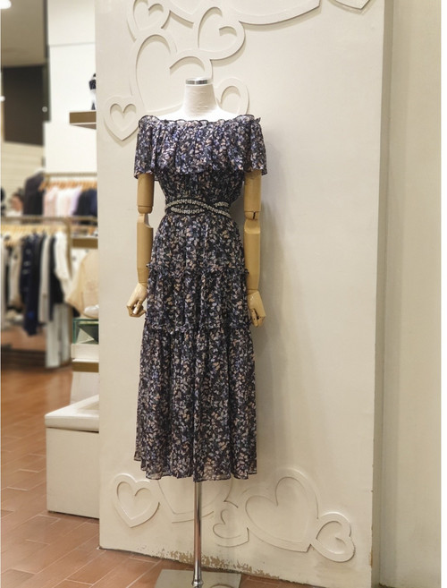 샤틴 오프숄더 플라워 패턴 쉬폰 롱 원피스