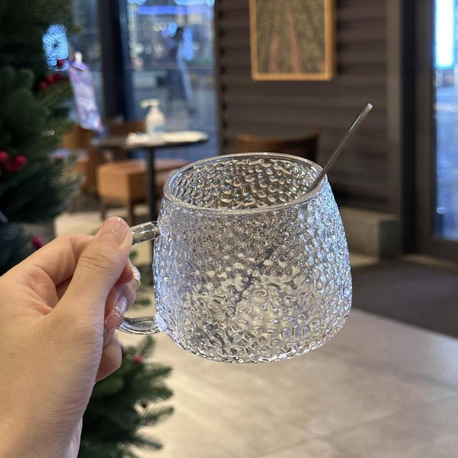 耐熱玻璃錘紋馬克杯 附蓋湯匙組, 錘紋杯 - 透明, 1套, 1L