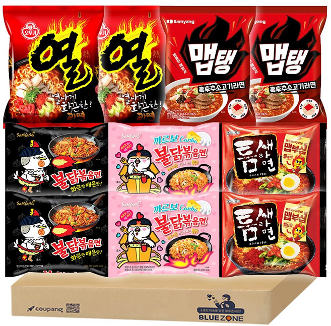 [블루존] 봉지라면 낱개 5종 10개입 A세트 (틈새라면2+열라면2+불닭2+까르보불닭2+맵탱라면2)