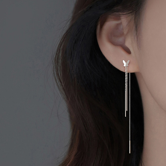 나비 포인트 실버 롱 드롭 여성 패션 귀걸이 J2209