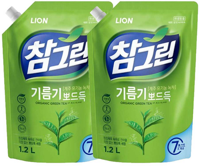 참그린 녹차 기름기 뽀드득 리필 1.2L, 2개