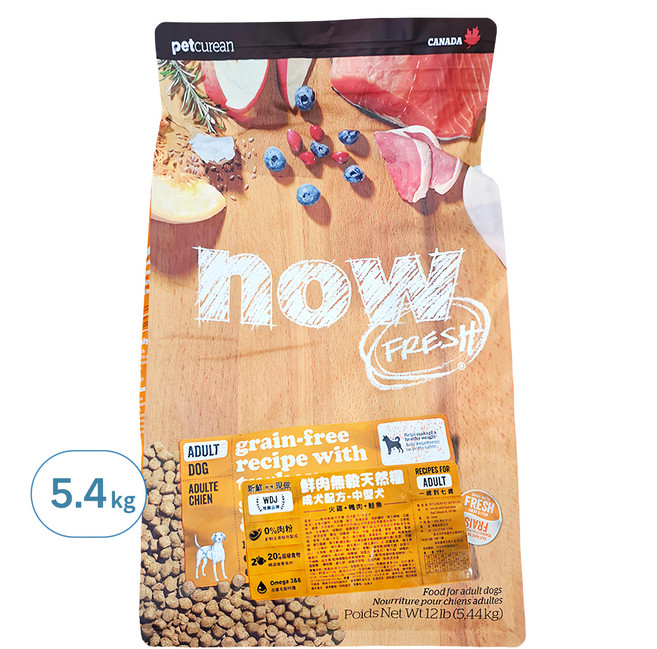 now FRESH 成犬鮮肉無穀天然糧 火雞鴨肉鮭魚配方 5.4kg, 火雞 + 鴨肉 + 鮭魚, 12lb, 1包