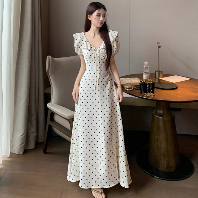 BROWMODA 여성 귀여운 칼라넥 브이넥 슬림 빈티지 롱 원피스 휴양지