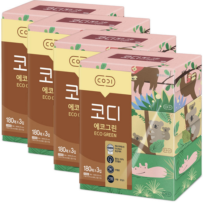 코디 에코그린 미용티슈 180매 3입 4개, 12개