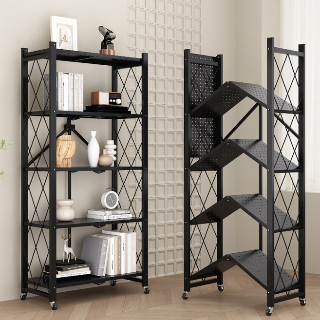 슬로에잇 원터치 접이식 다용도 이동식 철제 선반, 5단, 블랙