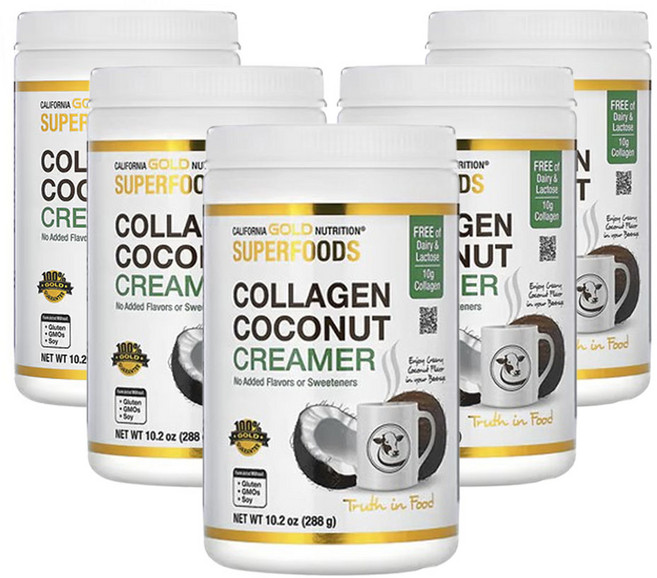 캘리포니아골드뉴트리션 콜라겐 코코넛 크리머 유기농 코코넛 밀크 분말 가수분해콜라겐 펩타이드 유기농 타피오카 말토덱스트린 및 대나무 추출물 함유 무가당 288g, 5개