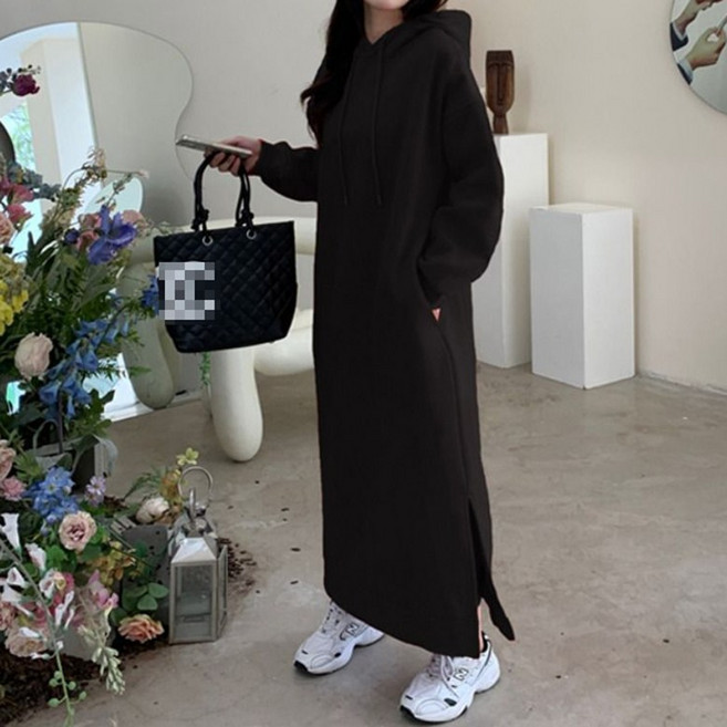ORZQU 기모 후드 원피스 봄가을 오버핏 무릎 맨투맨 롱스커트 도톰 빅사이즈 원피스
