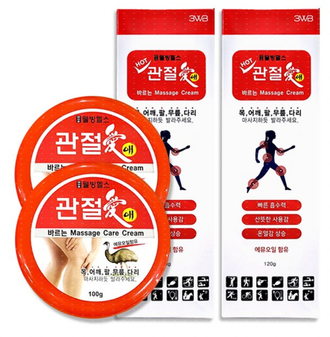 WHB웰빙헬스팜 관절애 바르는 마사지크림 원통형 100g 2개+튜브형 120g 2개 / 핫 & 쿨, 1세트