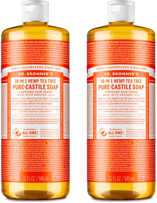 닥터브로너스 퓨어 캐스틸솝 물 비누 945ml x 2 티트리 18in1 다용도 비누 18in1 다용도 세안 바디 세탁 - 쿠팡