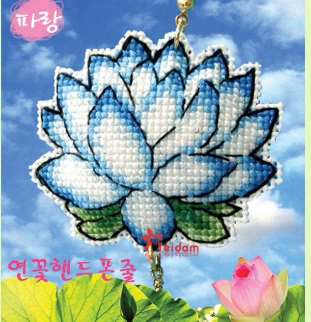 꼬맹이네십자수 연꽃 or 동자승 핸드폰+열쇠고리+차량용 패키지 반제품 실십자수, 연꽃-파랑색, 1개