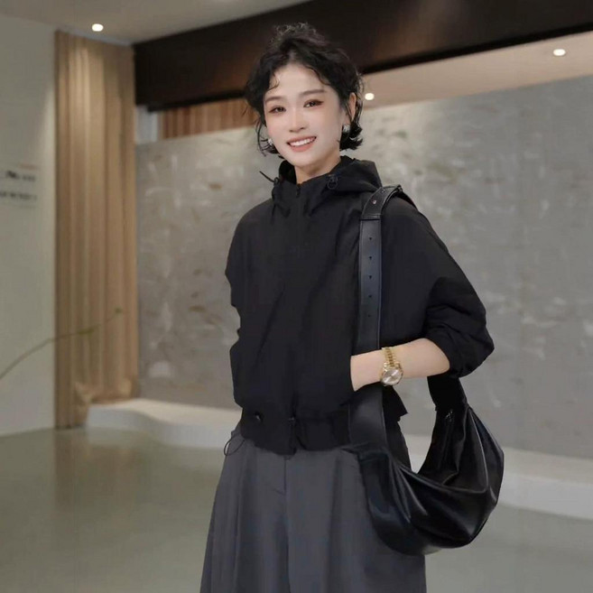 連帽收腰純色防曬外套女設計感氣質時尚休閒薄款上衣, 黑色,XL