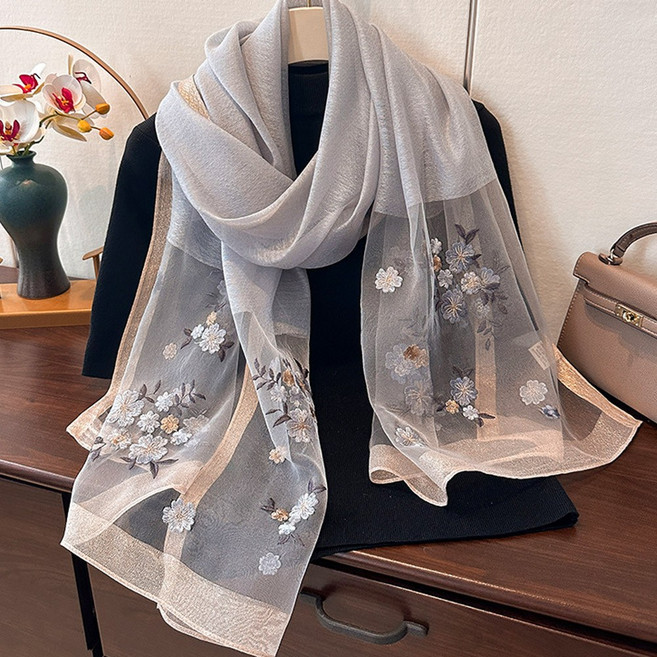 Anna*Sofia 桑蠶絲真絲羊毛混紡披肩絲巾 優雅灰系 刺繡花卉