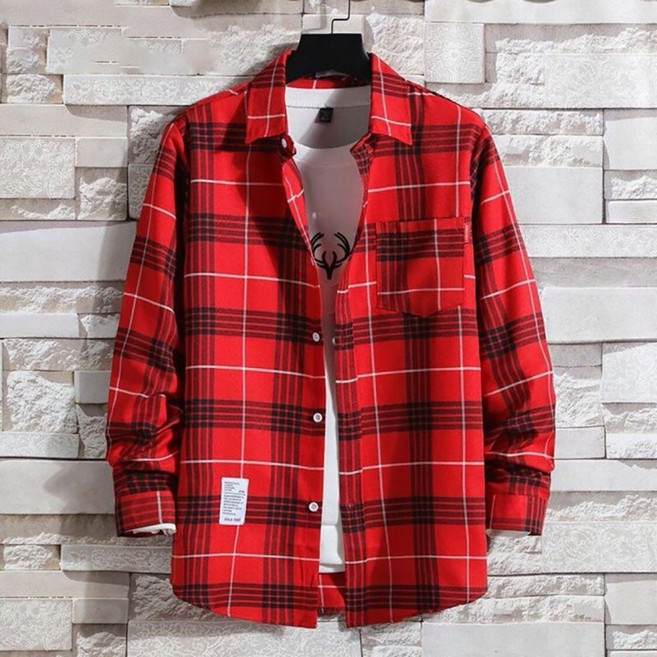 ROYALBELLE 남자 체크 긴팔셔츠 패션 캐주얼 루즈핏 남방 외투 D0032643