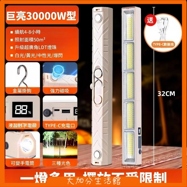 高亮10000W LED磁吸工作燈 露營燈 磁吸燈管 USB充電 液晶顯示 22CM, 1個, 32CM-【大容量】多功能強光照明燈