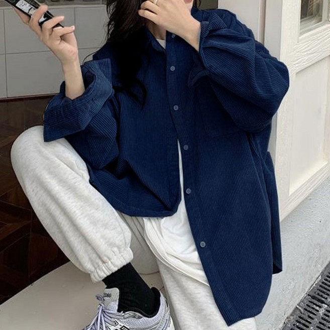 cammello 여성 골덴 코듀로이 오버핏 포켓 셔츠 단추 긴팔 남방