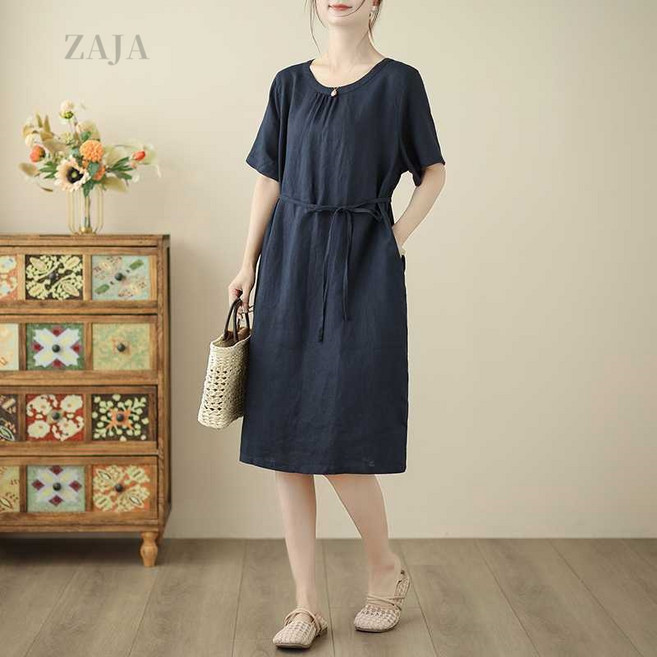 ZAJA 여성 여름 미디 원피스 루즈핏 데일리 편한 반팔원피스