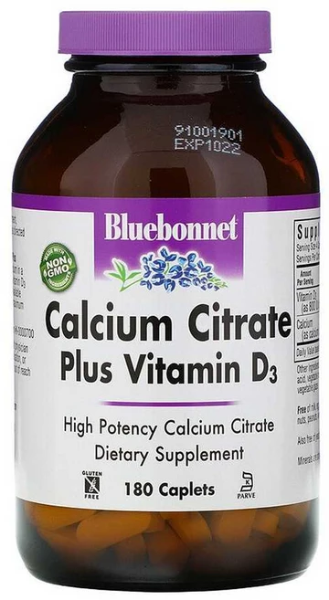 블루보넷 칼슘 시트레이트 플러스 비타민 D3 글루텐 프리 캐플릿, 180정, 1개 - 쿠팡