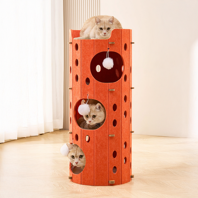 메일켓 다층 펠트 통풍 사계절 고양이 숨숨집 캣 하우스 캣타워, 오렌지, 1개