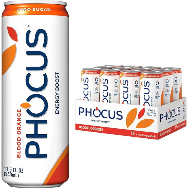 PHOCUS 카페인 스파클링 워터 블러드 오렌지 75mg 천연 카페인 플러스 L-테아닌 무설탕 제로 칼로리 인공 감미료 없음 355ml(11온스) 캔 (12팩), Blood Orange, 355ml