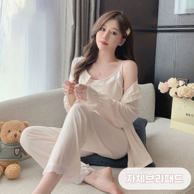 꽃소담 여성 봄가을 귀여운 레이스 잠옷 쓰리피스 데일리 끈런닝+긴바지+가디건 홈웨어세트 MQ26A447