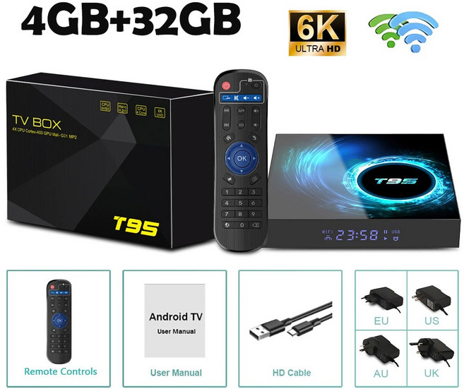 안드 14 T95 스마트 TV H616 8GB 리모컨 ALLWINNER 박스 듀얼 미디어 6K 플레이어 WIFI 블루투스 128GB, 4G 32G, Eu 플러그