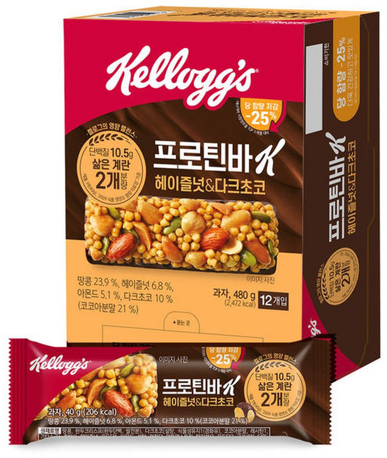 켈로그 프로틴바K 헤이즐넛 & 다크초코 40g 12개