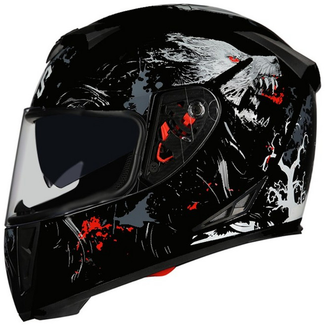 블루투스 오토바이 Aishi 헬멧 남녀 전기 풀 페이스 헬멧 커버 사계절 여름, 보름달 늑대 인간 화이트 미러