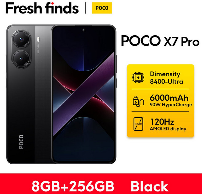 POCO X7 Pro 프로 글로벌 버전 휴대폰 90W 하이퍼차지 6000mAh 배터리 치수 8400 울트라 120Hz 1.5K 디스플레이 IP68 NFC 최신, Official Standard, 8GB 256GB Black, 256GB