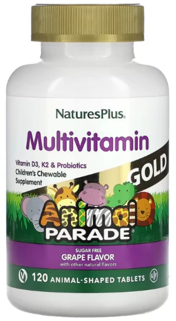 네이쳐스플러스 소스오브라이프 애니멀퍼레이드 골드 츄어블 멀티비타민 미네랄 포도향 동물 모양 120정, 1개 - 쿠팡