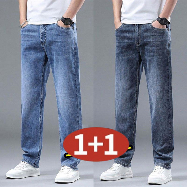 AOKADA 1+1남성 가을 겨울 기모 청바지 일자 데님 팬츠