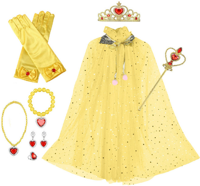[청춘교복] 공주세트 8종 생일 축하 파티 브라이덜샤워 연말 선물 소품 프린세스 코스튬 주얼리 왕관 요술봉 망토 목걸이 액세사리, 1개, 옐로우