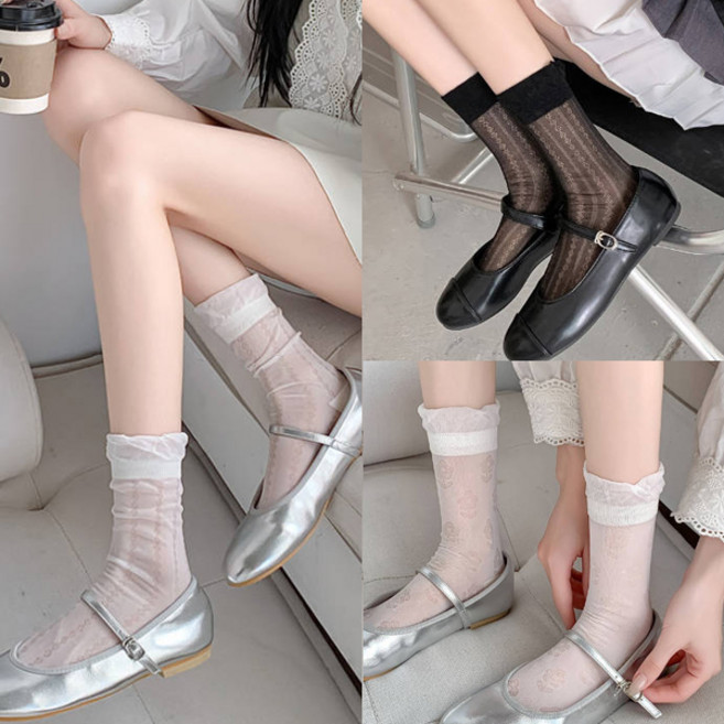 다이나토리 여성 레이스 시스루 긴양말 4켤레