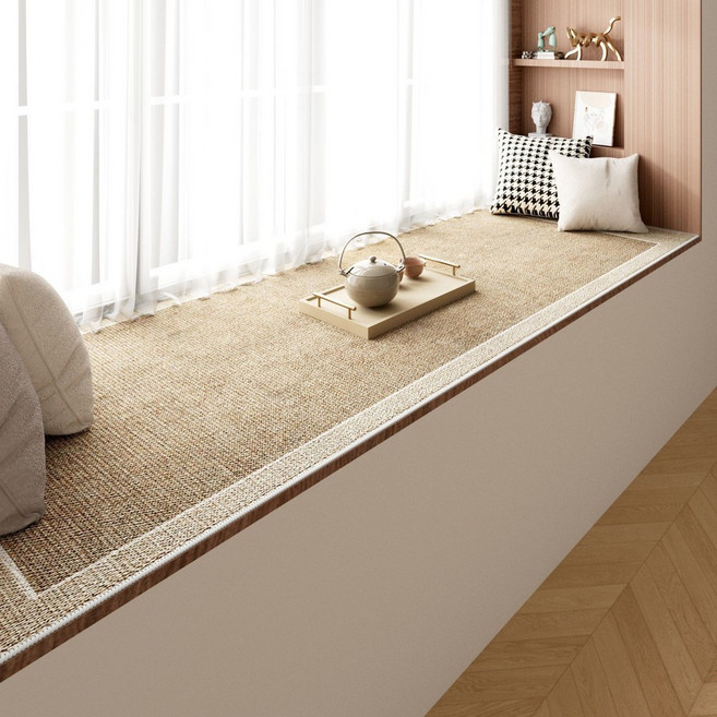 仿劍麻日式榻榻米落地窗臺書房臥室墊子茶桌飄窗客廳地毯異形定製, 暖棕+邊框【布藝印染/硅膠底水晶絨】,50X160cm【防水防污防暴曬】