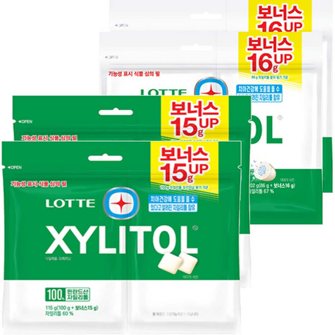 롯데 츄잉껌 자일리톨 오리지날 (리필) 115g x 2개+알파 (리필) 102g x 2개 /자일리톨 60% 이상, 1세트