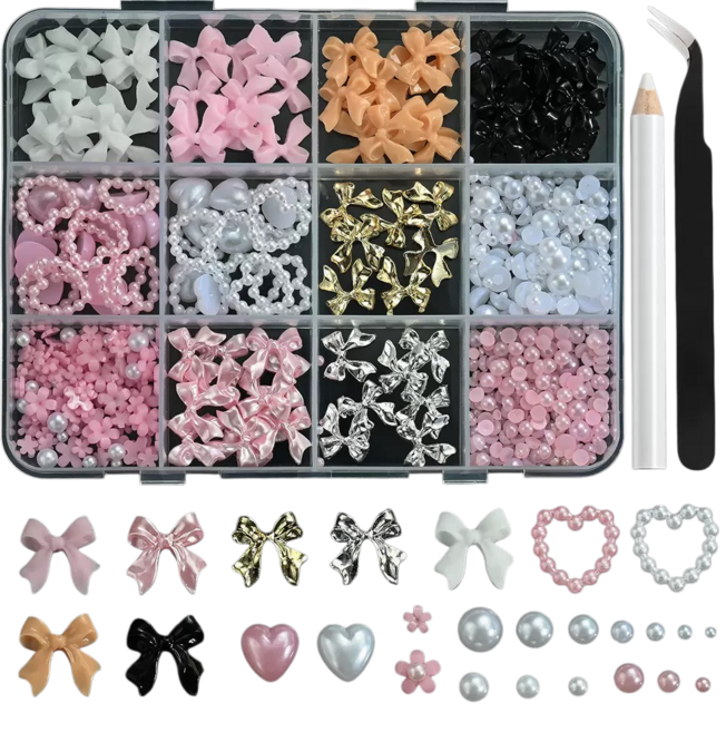 대용량 리본 하트 네일 파츠 세트 셀프 네일아트 큐빅 장식 꾸미기, 1개, A컬러파츠