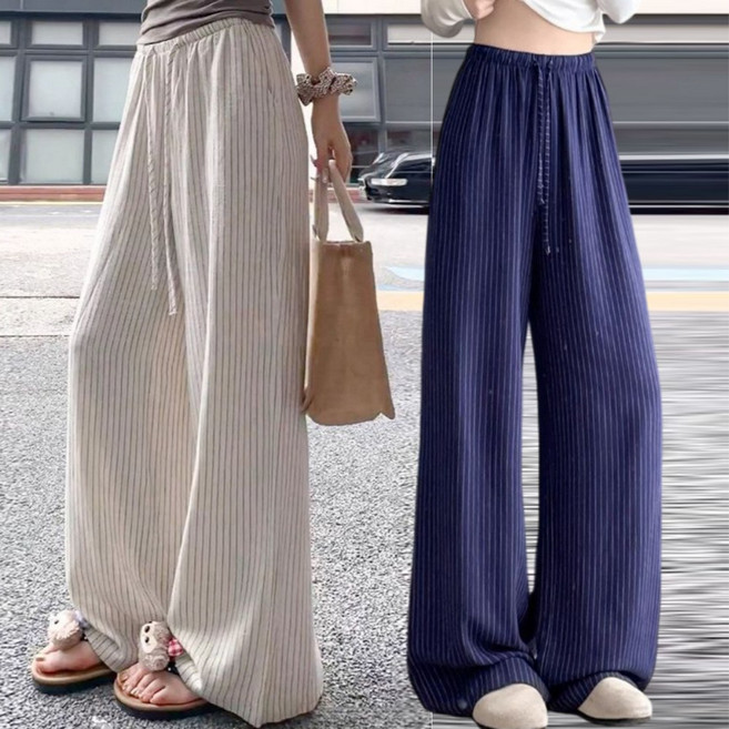 여성 스트라이프 린넨 와이드 팬츠 여름 얇은 편안한 일자핏 바지 하이웨스트 빅사이즈